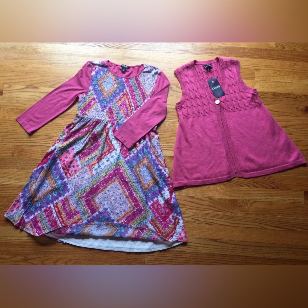 NWT Chaps Ralph Lauren Sz 16 Pink Cotton Hippie Dress W/Sleeveless Sweater Vest